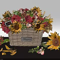 Colorful Flower Basket Arrangement With Sunflowers Red Roses Green Leaves Berries And Scattered Petals