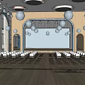 Kindergarten Activity Room Interior With Neatly Arranged White Chairs Hanging Spheres And Circular Ceiling Lights