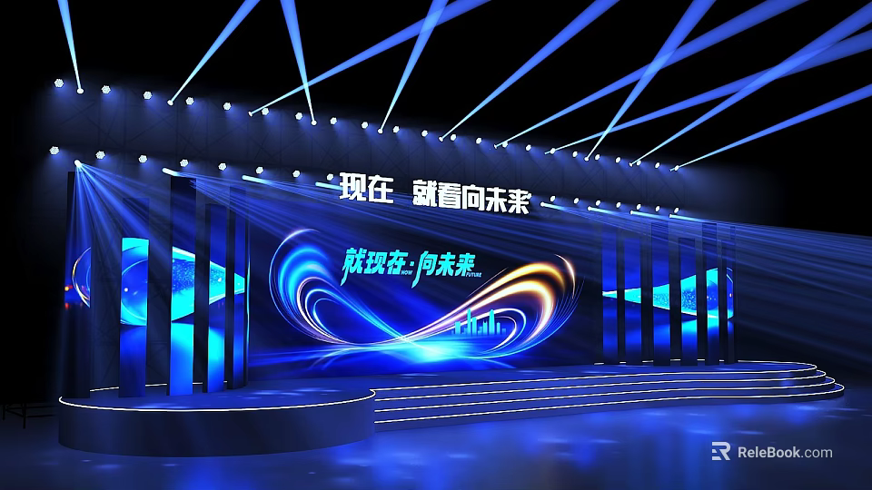 Futuristic Stage Design With Blue Lighting And Dynamic Future Theme Backdrop Screen 3d model 