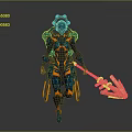 Futuristic Character with Blue Orange Armor Wielding Skeletal Creature Weapon in Dynamic Pose