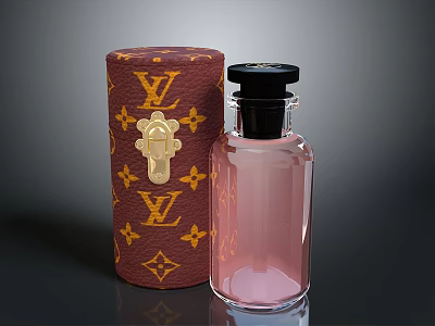 Woman Holding Luxury LV Logo Perfume Bottle With Red Leather Case And Pink Fragrance 3d model