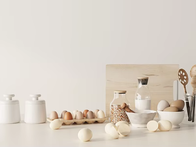 Natural Minimalist Kitchen Utensils with White Jars Egg Carton Glass Bottles and Bowls 3d model