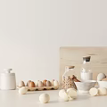 Natural Minimalist Kitchen Utensils with White Jars Egg Carton Glass Bottles and Bowls