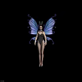 Woman with Blue Wings in Purple Bodysuit and Black High Heels on Purple Background