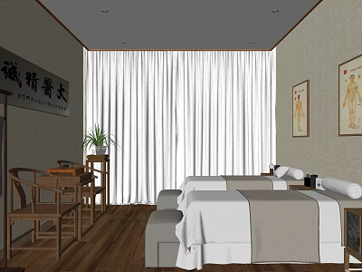 Traditional Chinese Massage Room With Wooden Table Potted Plant Curtains And Paintings 3d model