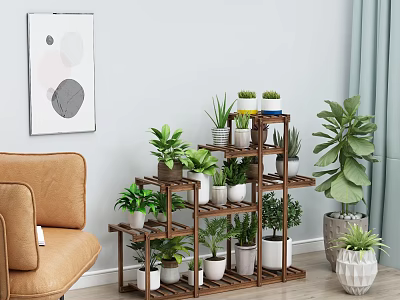 Wooden Multi Tiered Plant Stand With Various Potted Plants In Indoor Living Room 3d model