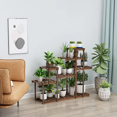 Wooden Multi Tiered Plant Stand With Various Potted Plants In Indoor Living Room 3d model