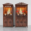 Two Wooden Buddhist Shrine Cabinets With Carved Decorations Buddha Statue Offerings And Red Lanterns