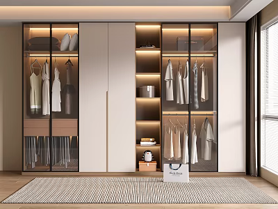 Modern Wardrobe Interior With Glass Doors LED Lighting And Hanging Clothes 3d model