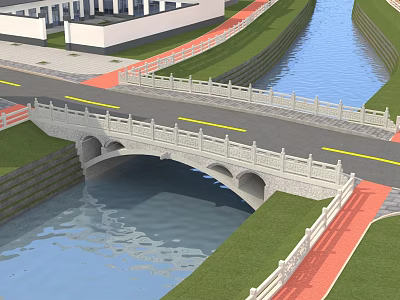 Stone Arch Bridge With Railings Spanning Water Beside Green Grass And Red Path 3d model
