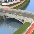 Stone Arch Bridge With Railings Spanning Water Beside Green Grass And Red Path