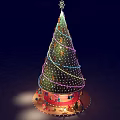 Festively Decorated Christmas Tree With Twinkling Lights Ornaments And Carousel Base Decorations
