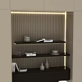 Modern Minimalist Chest of Drawers With Striped Background Wall Shelves And Decorative Lighting