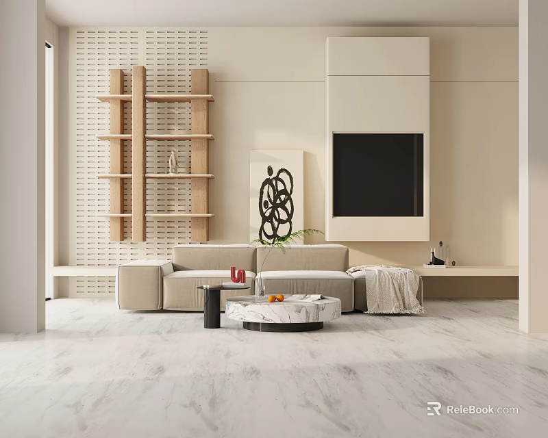 Modern Living Room Interior With Beige Three Seater Sofa And Wooden Shelves 3d model 