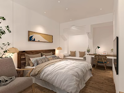 Modern Hotel Guest Room With Bed Quilt Pillows Decorative Painting Sofa Desk And Wooden Floor 3d model