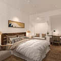 Modern Hotel Guest Room With Bed Quilt Pillows Decorative Painting Sofa Desk And Wooden Floor