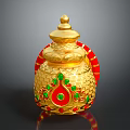 Elegant Golden Traditional Apparel with Red and Green Decorative Accents and Intricate Patterns