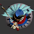 Game Anime Character With Blue Hair Feathered Hat And Magic Staff In Colorful Dress