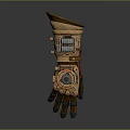 Steampunk Character Wearing Mechanical Glove With Brass Gears Clock And Leather Straps
