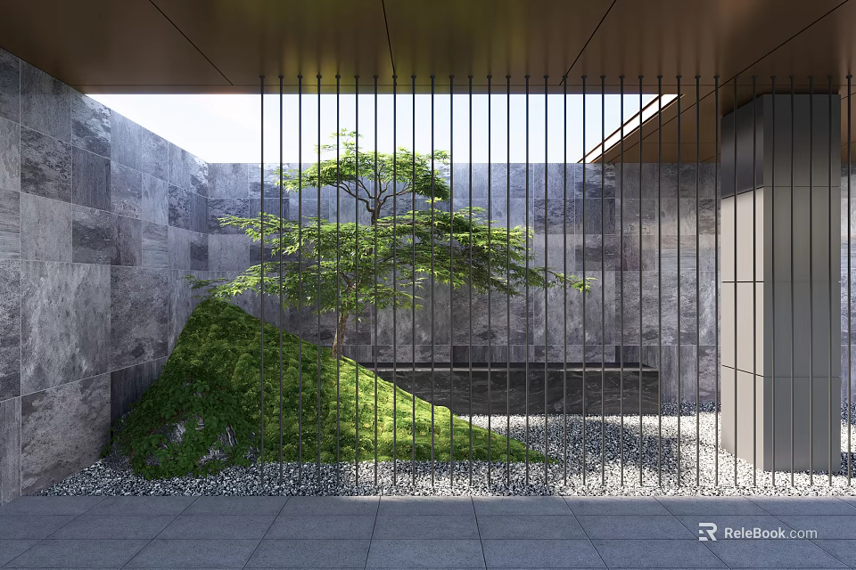 Modern Courtyard Garden Design With Slatted Gate Stone Walls Green Grassy Slope And Pebble Ground 3d model 