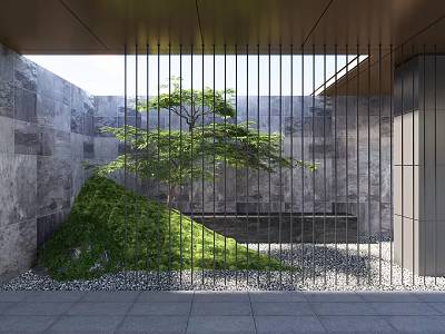 Modern Courtyard Garden Design With Slatted Gate Stone Walls Green Grassy Slope And Pebble Ground 3d model