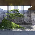 Modern Courtyard Garden Design With Slatted Gate Stone Walls Green Grassy Slope And Pebble Ground