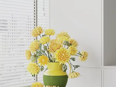 Yellow Chrysanthemums In Green And Yellow Vase By White Window With Blinds 3d model