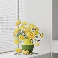 Yellow Chrysanthemums In Green And Yellow Vase By White Window With Blinds