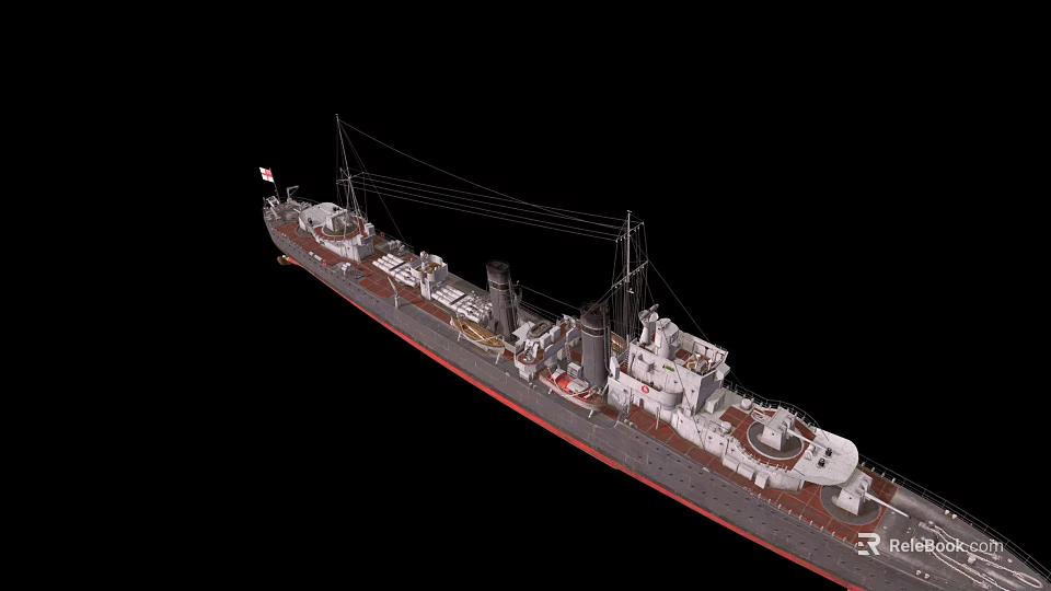 Vintage Warship 3D Model Displaying Gray Hull Red Bottom Twin Smokestacks and Deck Equipment 3d model 