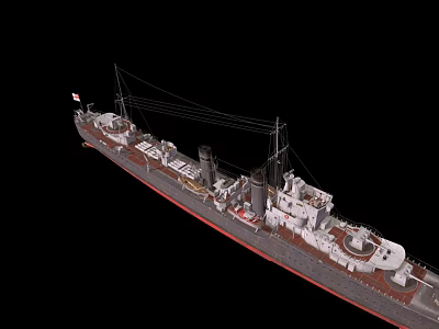 Vintage Warship 3D Model Displaying Gray Hull Red Bottom Twin Smokestacks and Deck Equipment 3d model