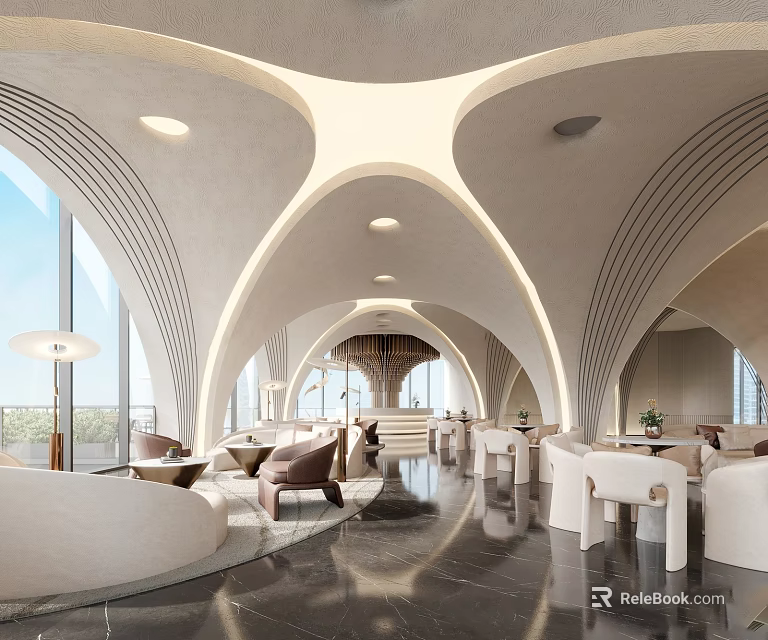 Modern Elegant Sales Office Interior With Arched Ceiling Neutral Tones Sofas Tables And Bright Lighting 3d model 