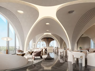 Modern Elegant Sales Office Interior With Arched Ceiling Neutral Tones Sofas Tables And Bright Lighting 3d model