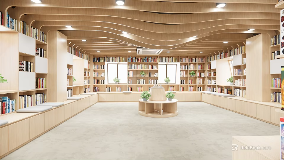 Library Art Interior With Wooden Bookshelves Numerous Books Circular Central Display And Green Plants 3d model 