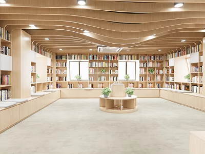 Library Art Interior With Wooden Bookshelves Numerous Books Circular Central Display And Green Plants 3d model