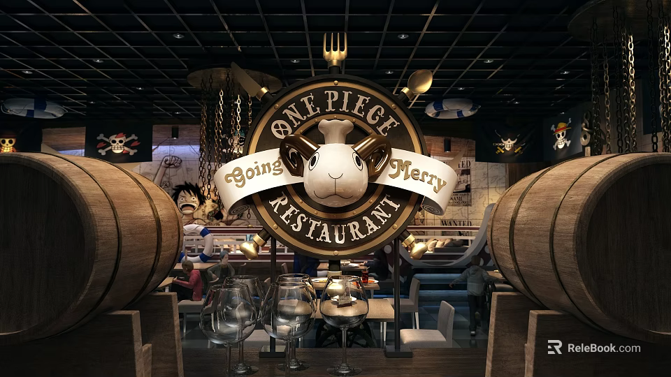 One Piece Themed Bar Interior With Wooden Barrels Chandeliers And Glass Topped Tables 3d model 