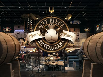 One Piece Themed Bar Interior With Wooden Barrels Chandeliers And Glass Topped Tables 3d model