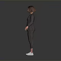 Business Woman In Gray Suit And White Sneakers Standing Against Gray Background