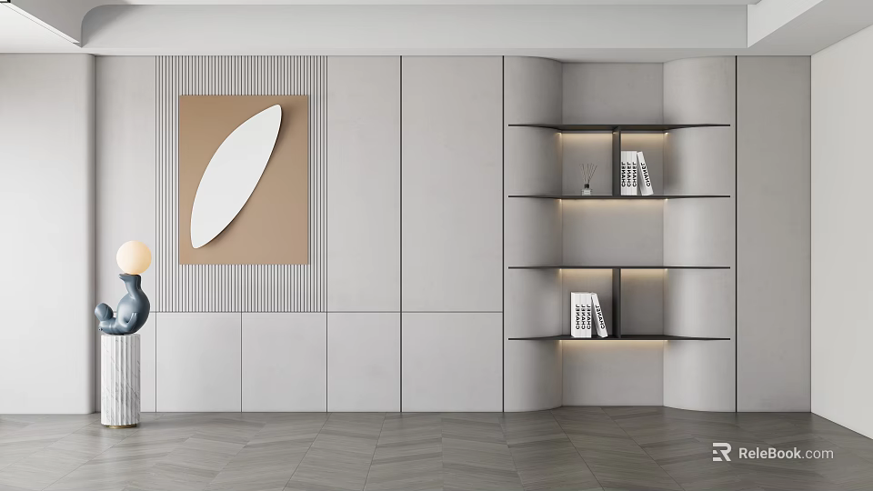 Modern Sofa Background Wall Design With Grey Panels Striped Accent Oval Mirror And Open Shelves 3d model 