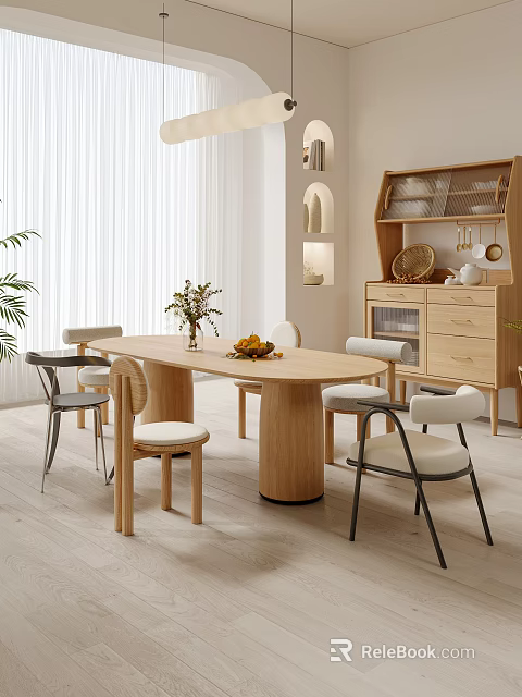 Natural Wood Dining Table Set With Various Designed Chairs And Indoor Green Plants 3d model 