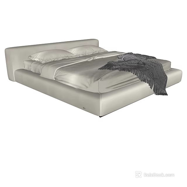 Modern Double Bed With Soft Mattress White Pillows And Knitted Blanket 3d model 