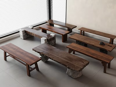 Wooden Stools With Stone Bases In Bright Indoor Space And Natural Light 3d model