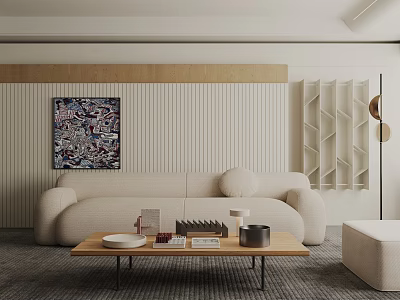 Modern Living Room With Beige Sofa Wooden Coffee Table Decorative Painting And Wooden Slat Wall 3d model