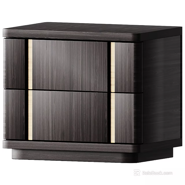 Modern Dark Wood Bedside Table With Two Drawers And Golden Decorative Stripes 3d model 