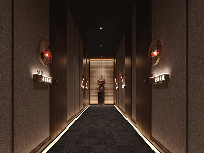 Modern Elevator Hallway Interior Design With Circular Wall Lamps Wooden Panels And Carpeted Floor 3d model