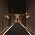 Modern Elevator Hallway Interior Design With Circular Wall Lamps Wooden Panels And Carpeted Floor
