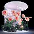 Modern Floral Installation with Large Pink Flowers Green Leaves Curved Illuminated Top and Geometric Background