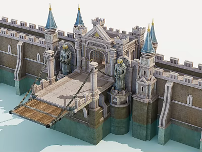 Ancient Architecture Castle Featuring Blue Spires Statues Drawbridge And City Walls 3d model