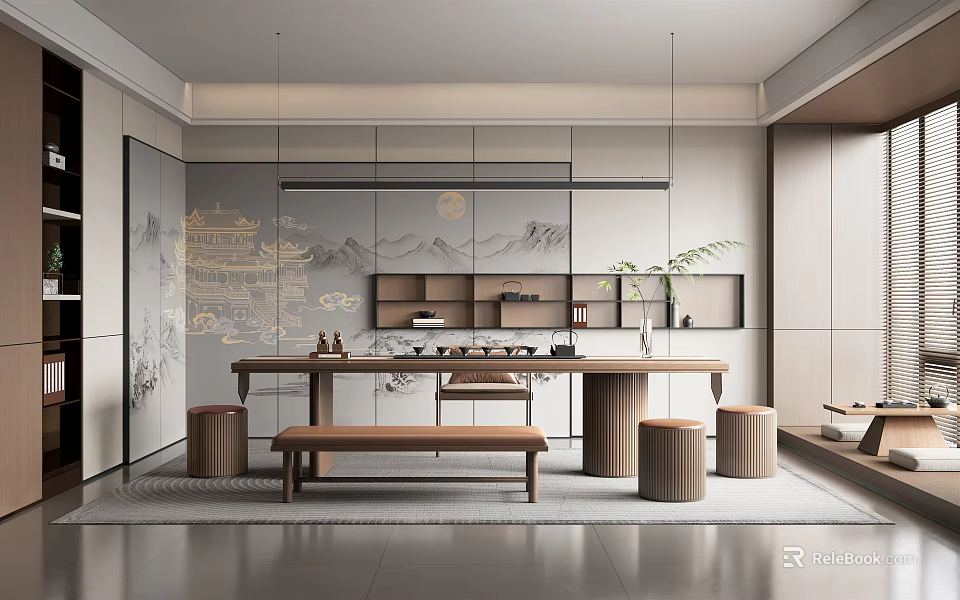 Modern Tea Room Interior With Wooden Tea Table Mountain Painting Screen Open Shelves And Stools 3d model 