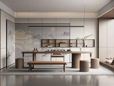 Modern Tea Room Interior With Wooden Tea Table Mountain Painting Screen Open Shelves And Stools 3d model