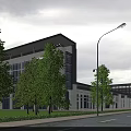 Modern Multi Story Office Building With Glass Curtain Walls And Parking Area